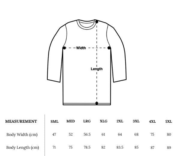 Measurement chart for a long-sleeve shirt with dimensions labeled and size chart below.