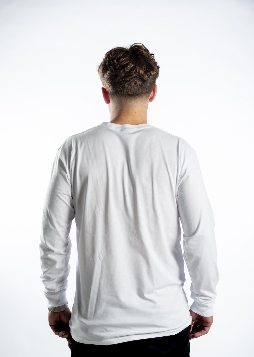 Men’s Long Sleeve T-shirt – White - Black Logo and Black Full Words with Black Outline - Printed