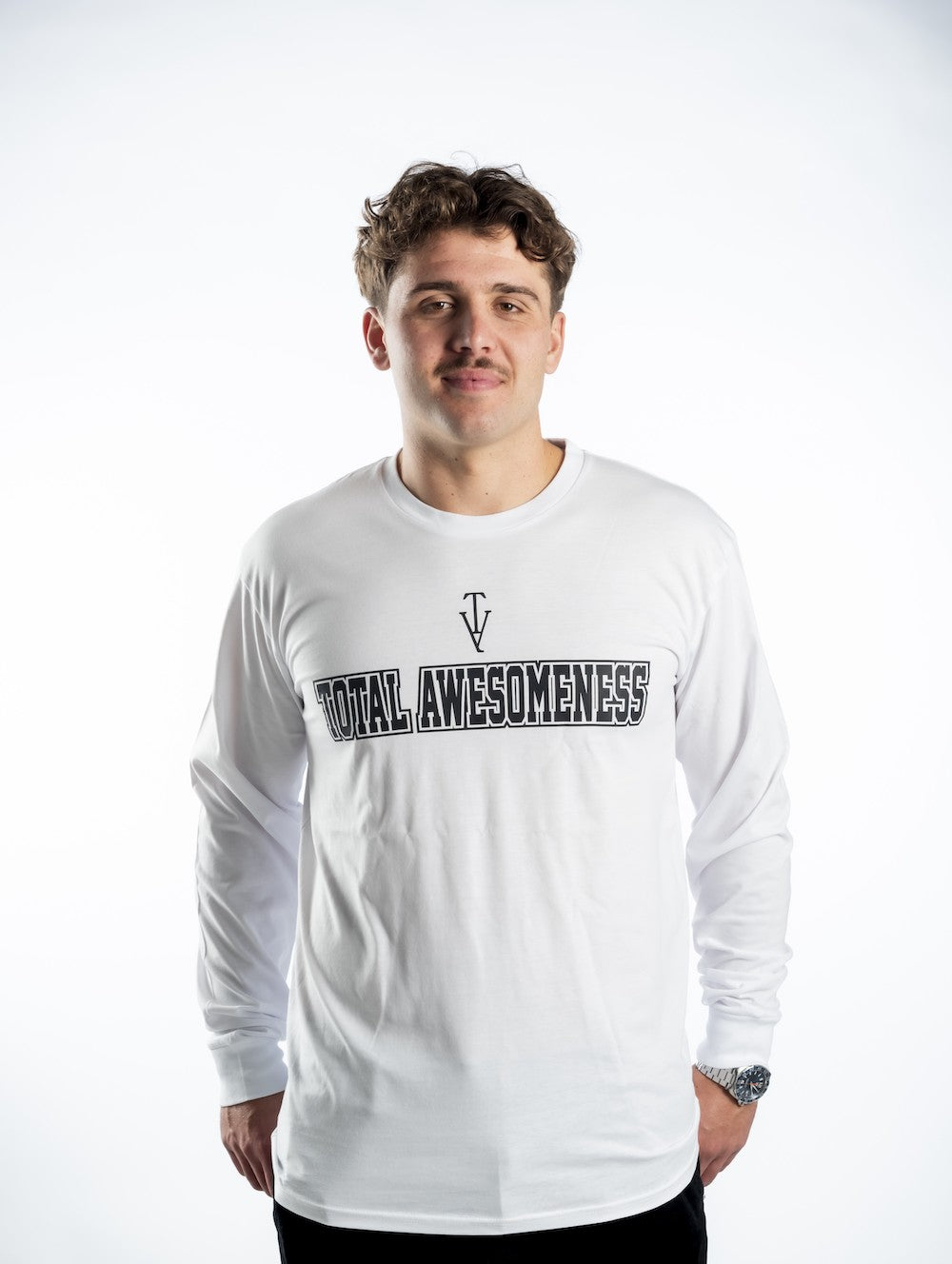 Men’s Long Sleeve T-shirt – White - Black Logo and Black Full Words with Black Outline - Printed
