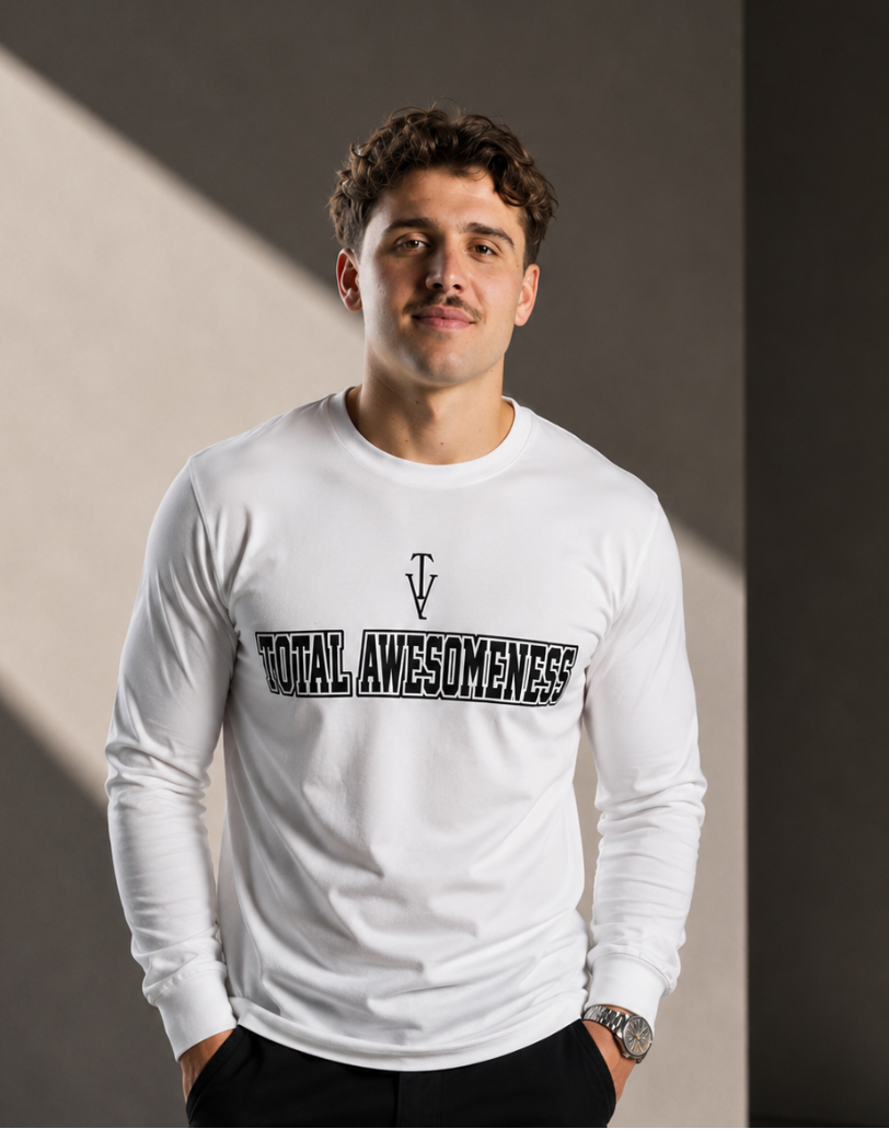 Men’s Long Sleeve T-shirt – White - Black Logo & Outline - Printed