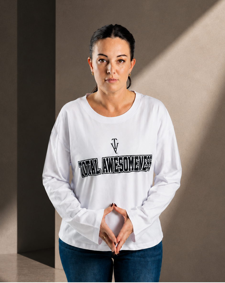 Women's Long Sleeve T-Shirt – White - Black Logo - Printed