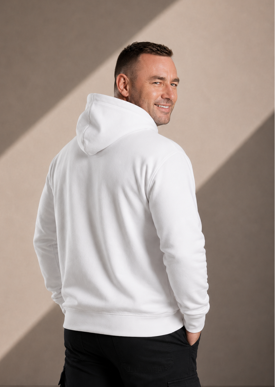 Men's Relaxed Hoodie - White - Printed Black Logo and Blue Words
