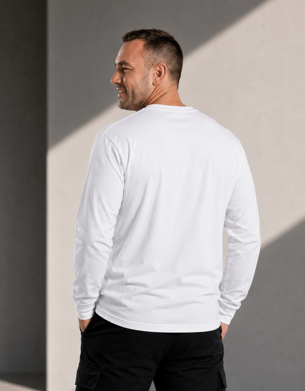 Men’s Long Sleeve T-shirt – White - Black Logo Blue Words - Printed