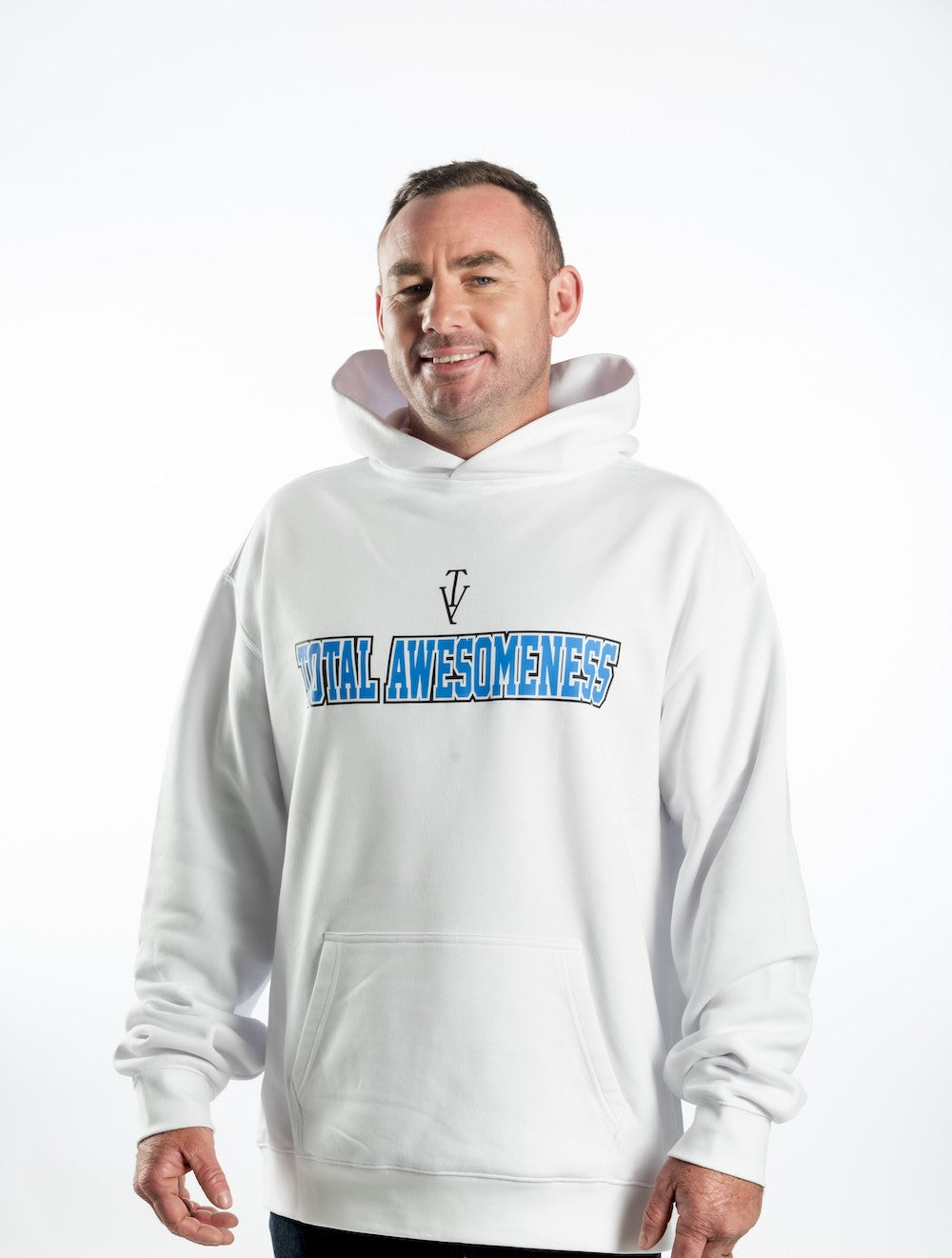 Men's Relaxed Hoodie - White  — Black Logo and Blue Words - Printed