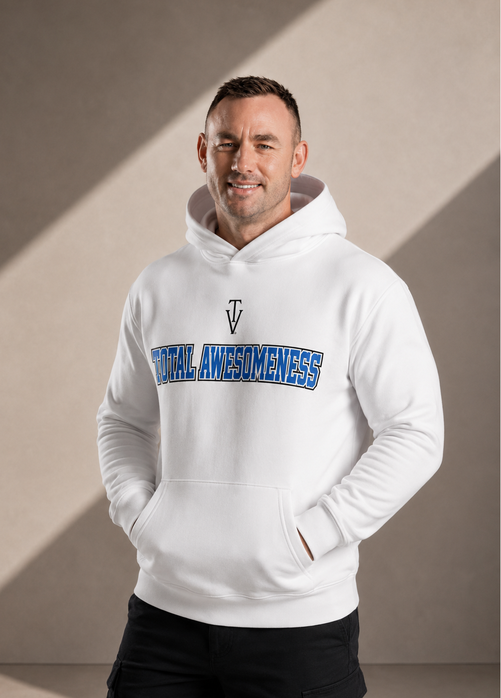 Men's Relaxed Hoodie - White - Printed Black Logo and Blue Words