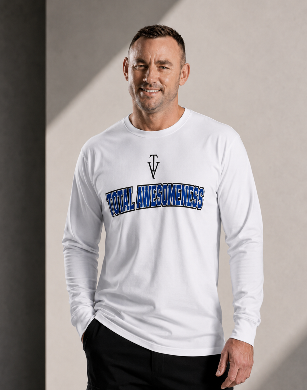 Men’s Long Sleeve T-shirt – White - Black Logo Blue Words - Printed