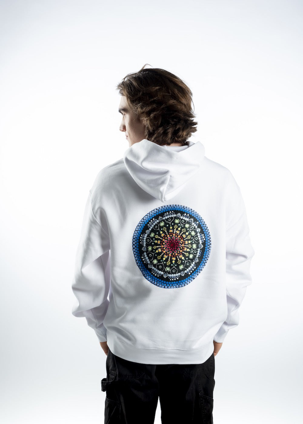 Men's Relaxed Hoodie — White - Blue Embroidered Logo and Picture on Back
