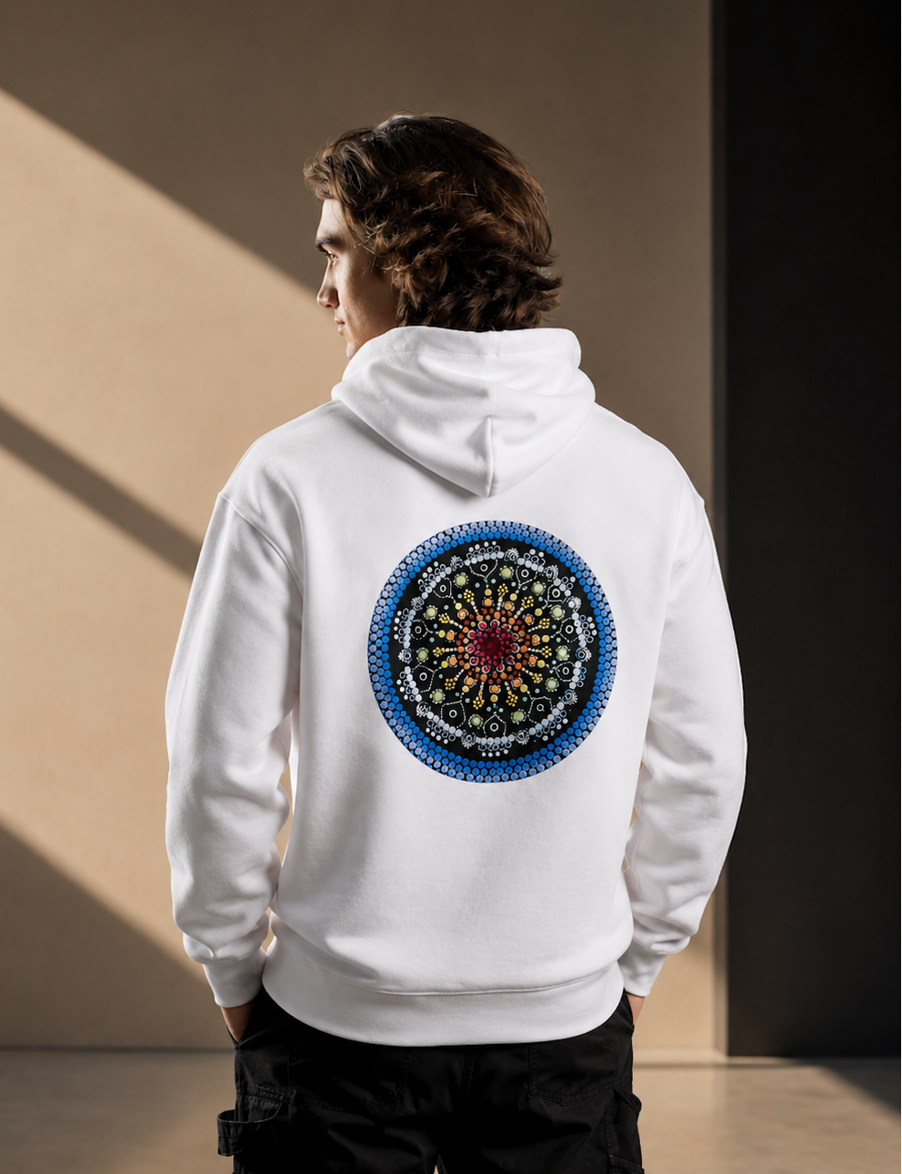 Men's Relaxed Hoodie - White - Embroidered Blue Logo & Picture