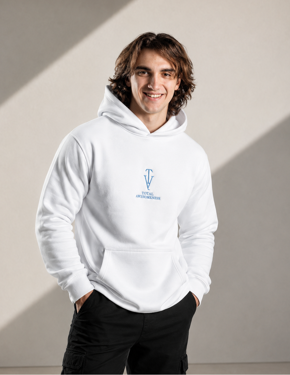 Men's Relaxed Hoodie - White - Embroidered Blue Logo & Picture
