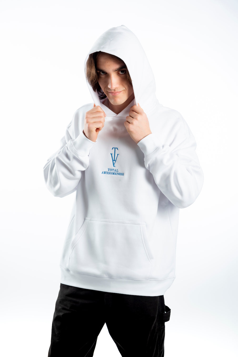 Men's Relaxed Hoodie — White - Blue Embroidered Logo and Picture on Back