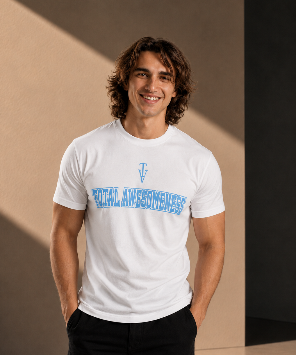 Men's Short Sleeve T-Shirt - White – Blue Logo & Back Picture
