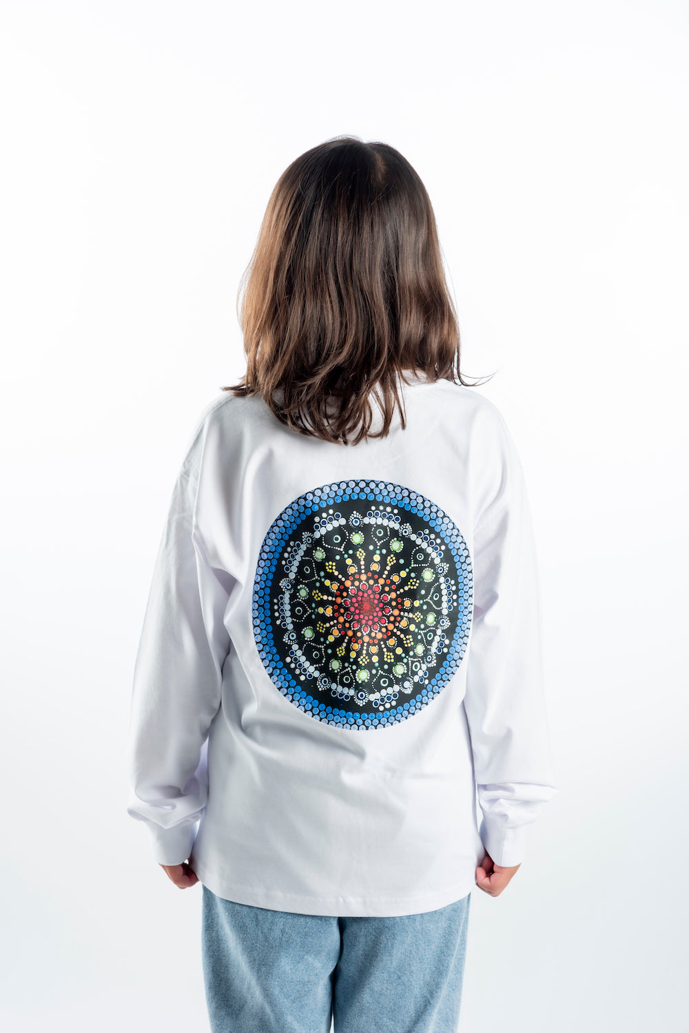 Youth Long Sleeve T-Shirt – White - Blue Logo & Back Picture