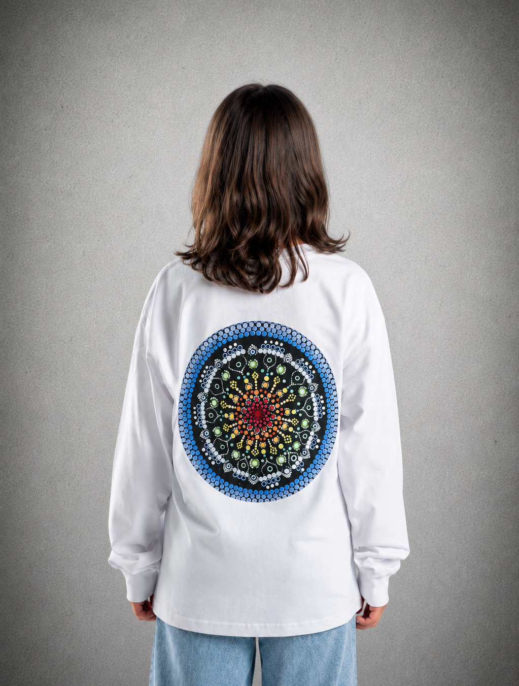 Youth Long Sleeve T-Shirt – White - Blue Logo, Words & Outline & Picture