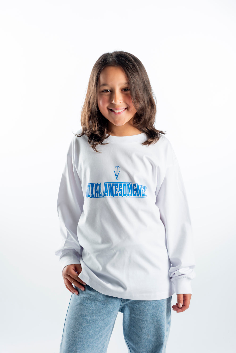Youth Long Sleeve T-Shirt – White - Blue Logo & Back Picture