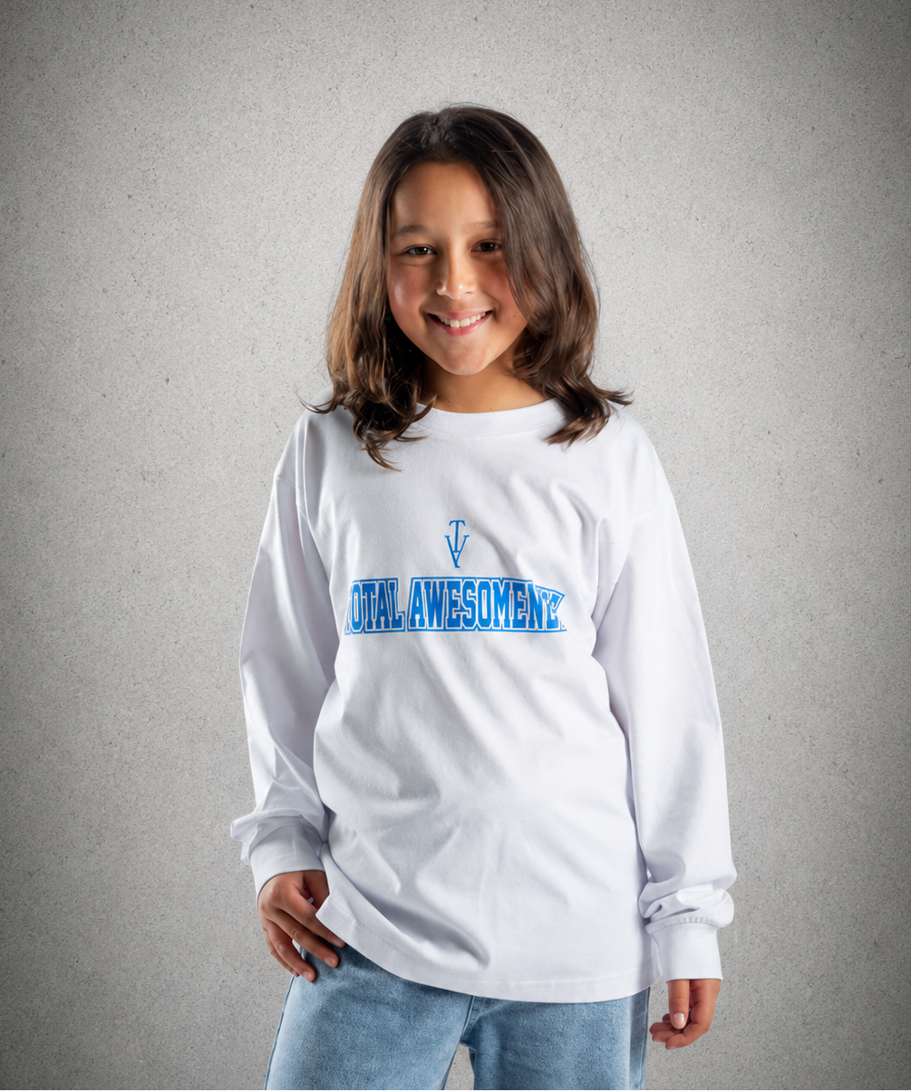 Youth Long Sleeve T-Shirt – White - Blue Logo, Words & Outline & Picture