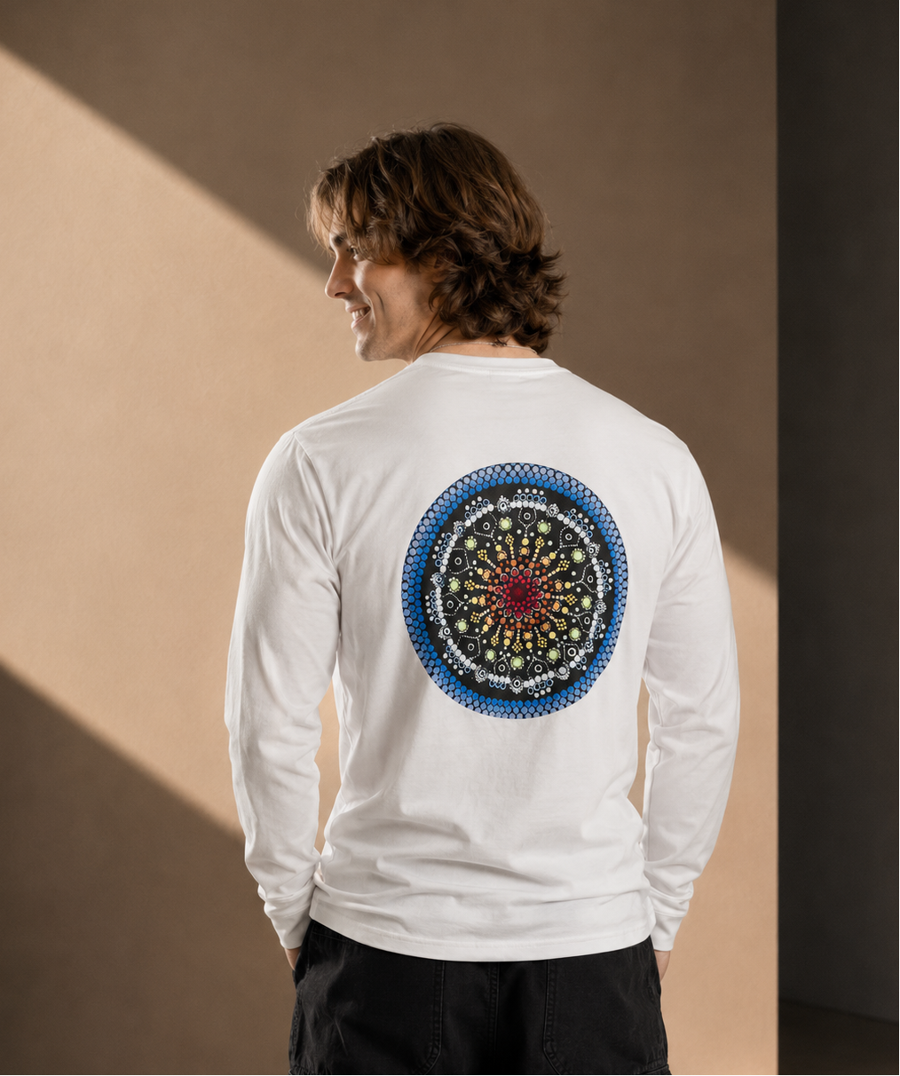 Men’s Long Sleeve T-shirt – White - Blue Logo & Picture - Printed