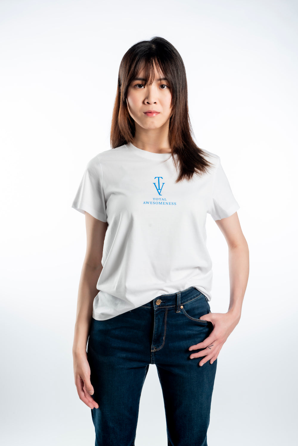 Women’s Short Sleeve T-Shirt - White - Bold Blue and Picture on Back