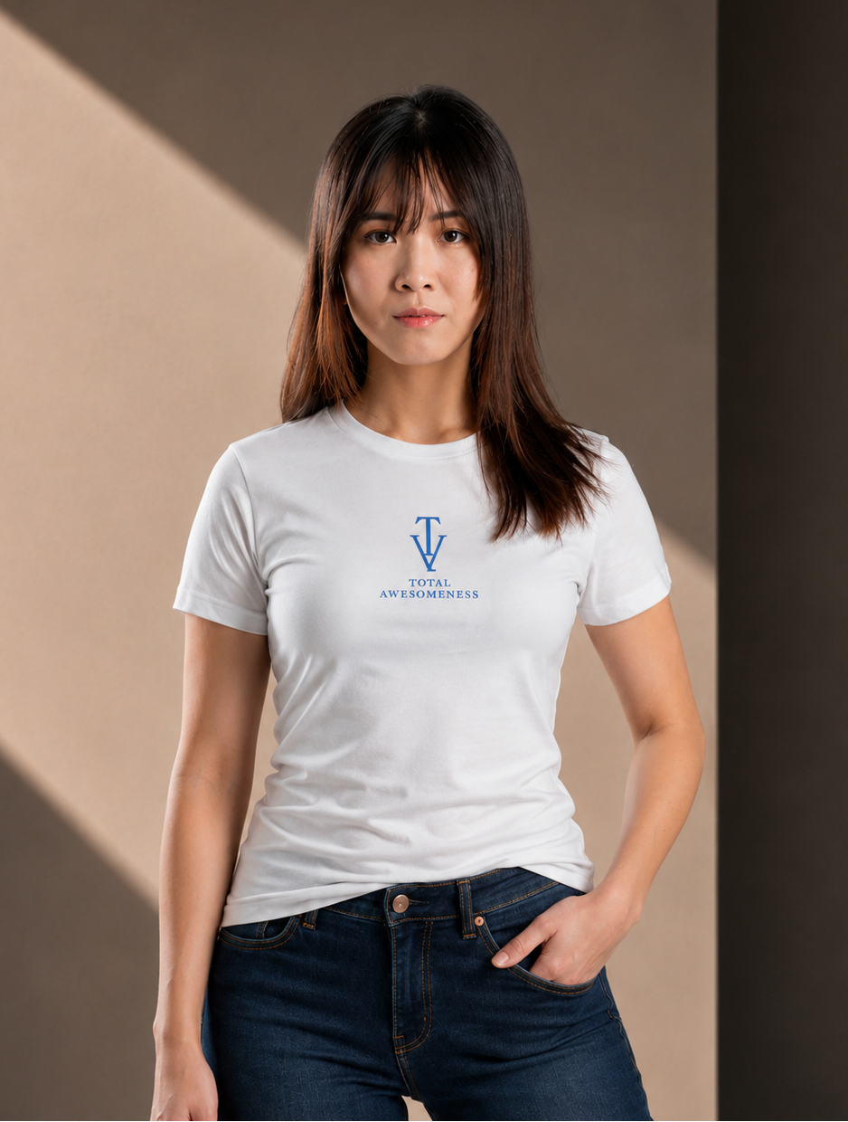 Women’s Short Sleeve T-Shirt - White - Blue Logo & Words & Picture
