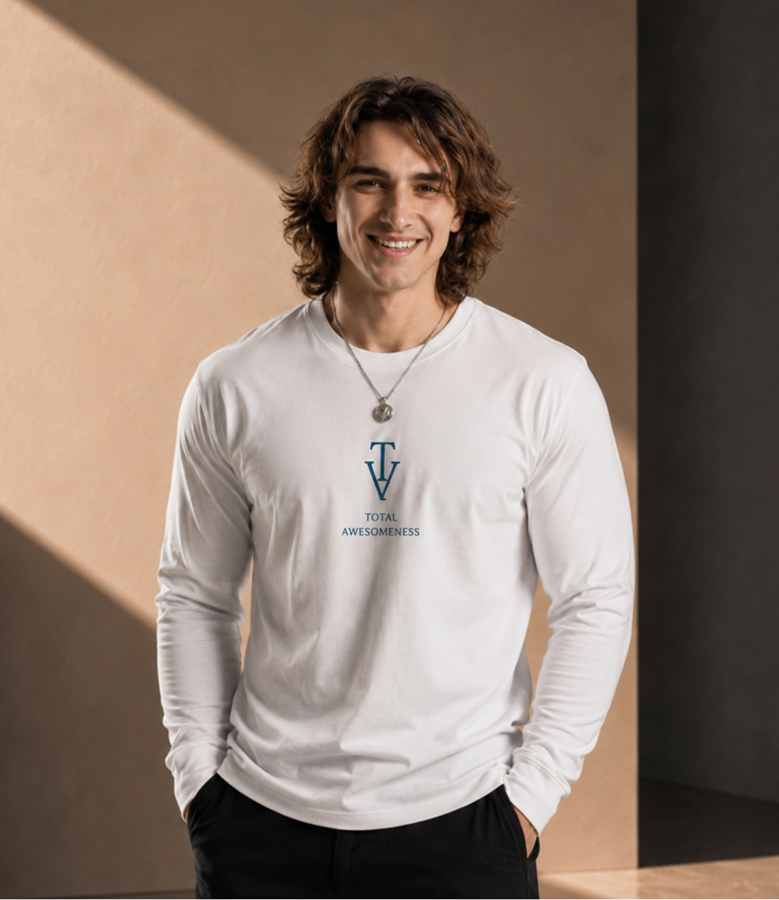 Men’s Long Sleeve T-shirt – White - Blue Logo & Picture - Printed