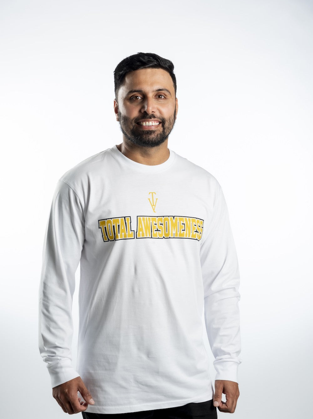 Men’s Long Sleeve T-shirt – Gold Logo and Gold Full Words with Black Outline - Printed