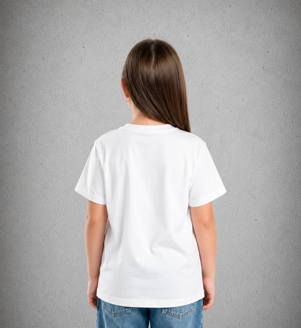 Youth Short Sleeve T-Shirt – White - Pink Logo & Words & Black Outline