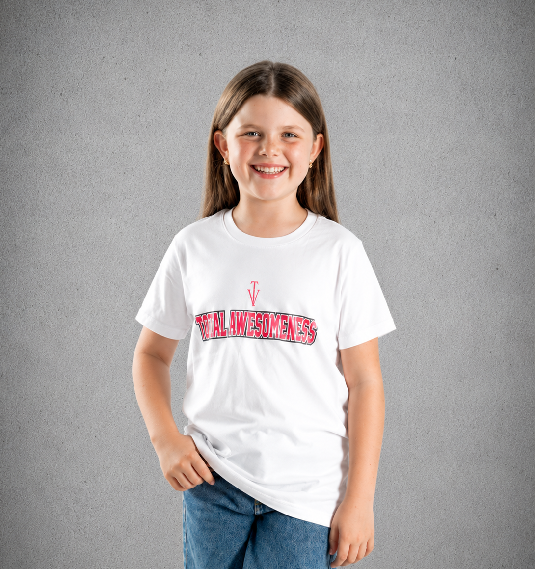 Youth Short Sleeve T-Shirt – White - Pink Logo & Words & Black Outline