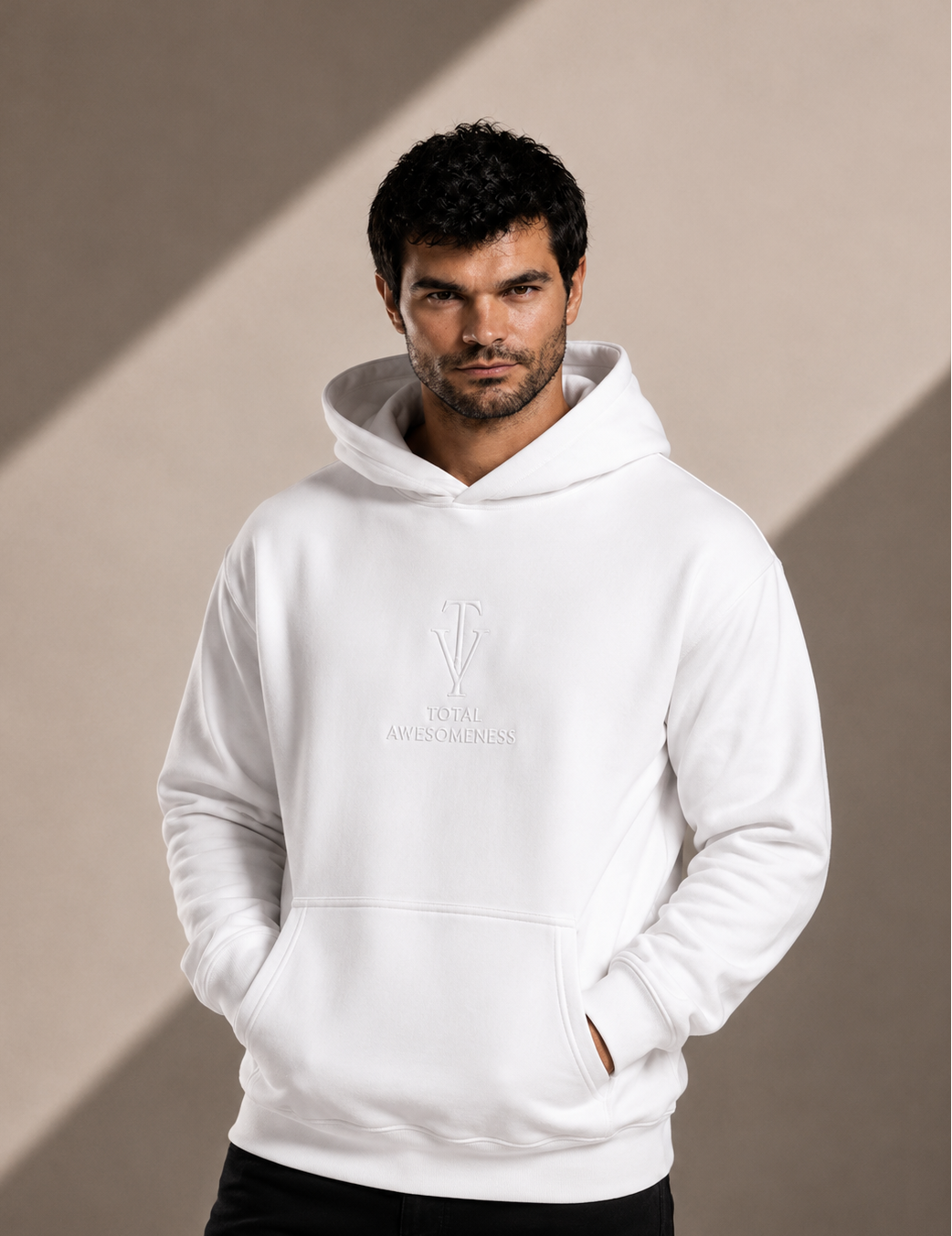 Men's Relaxed Hoodie - White - Embroidered White Logo