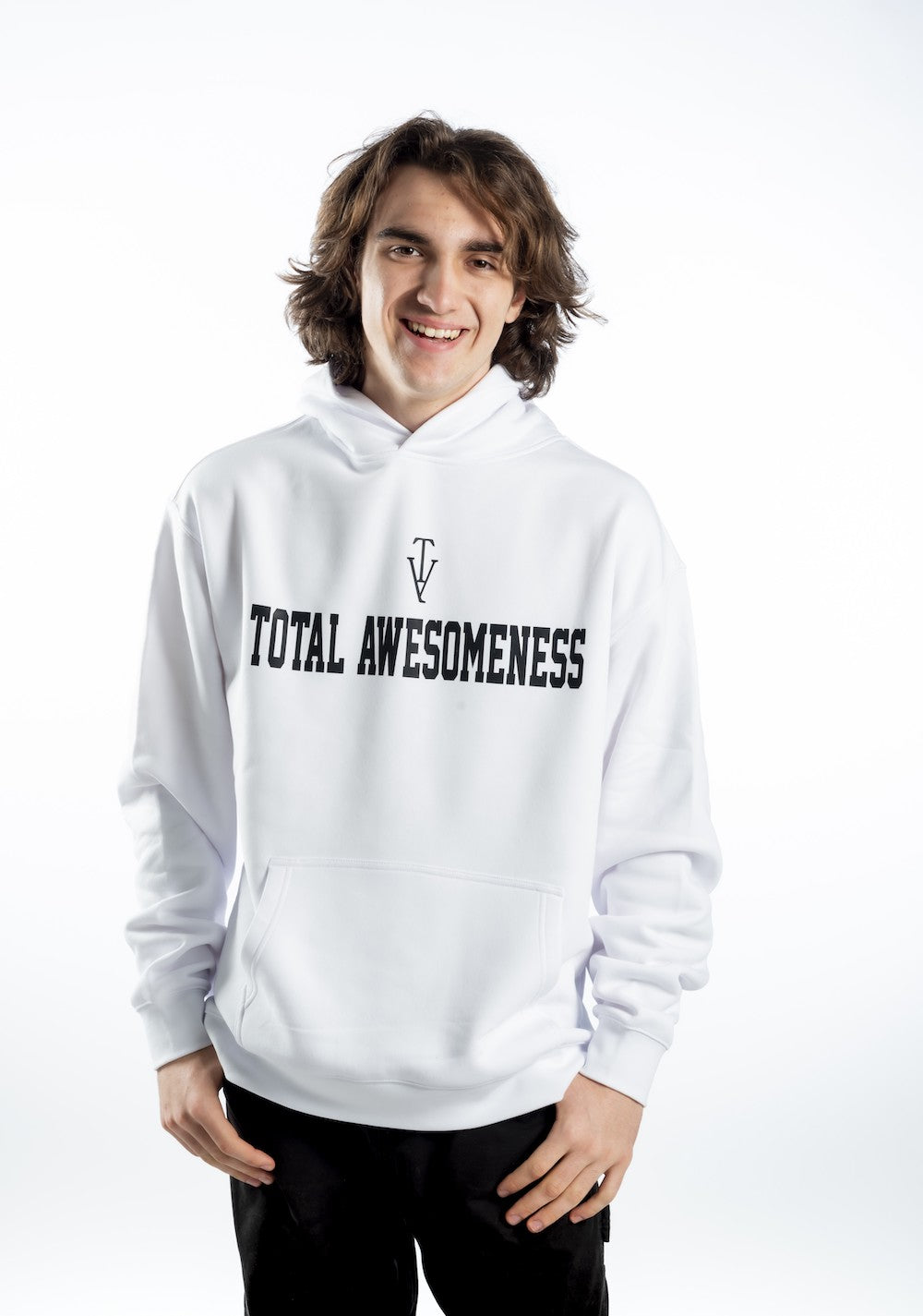 Men's Relaxed Hoodie - White - Black Logo - Printed