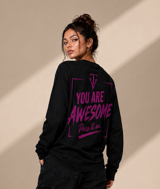 Women's Long Sleeve T-Shirt – Black - Pink Logo and Back Picture