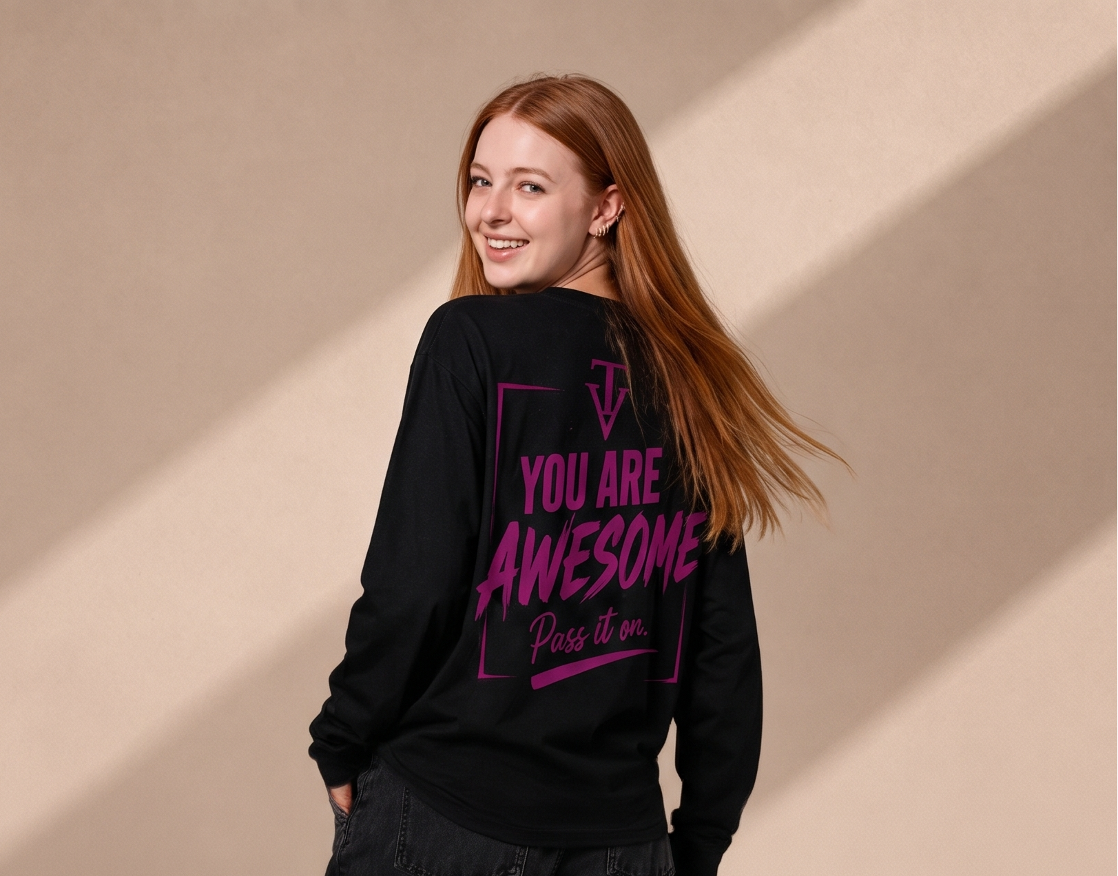 Women's Long Sleeve T-Shirt – Black - Pink Logo and Back Picture