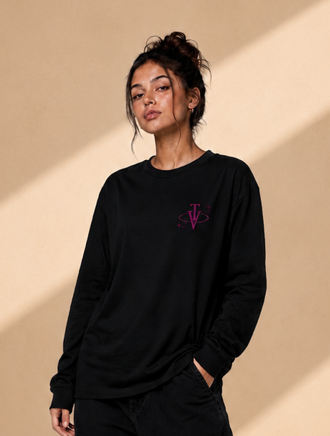 Women's Long Sleeve T-Shirt – Black - Pink Logo and Back Picture