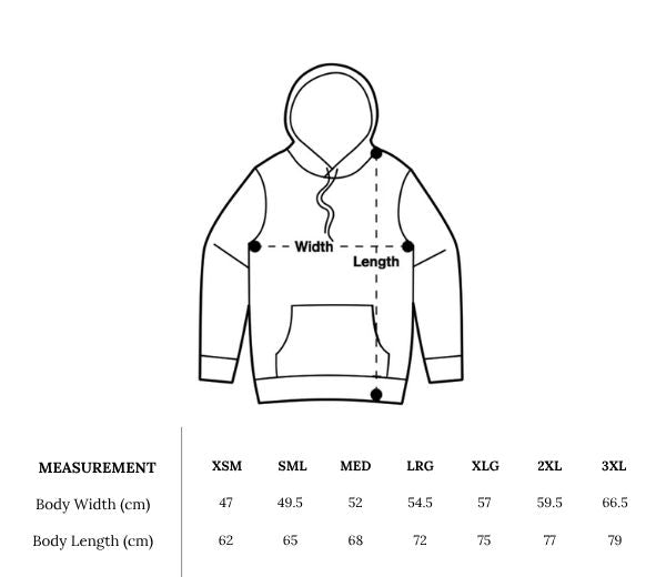 Measurement chart for a hoodie with dimensions labeled