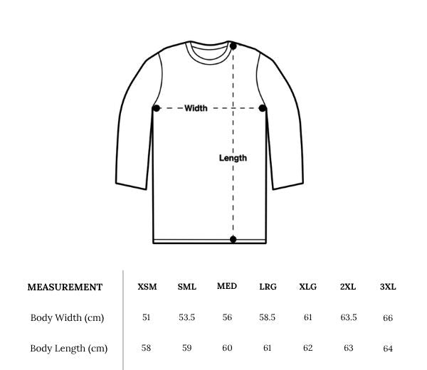 Measurement chart for a long-sleeve shirt with dimensions labeled and a table of measurements.