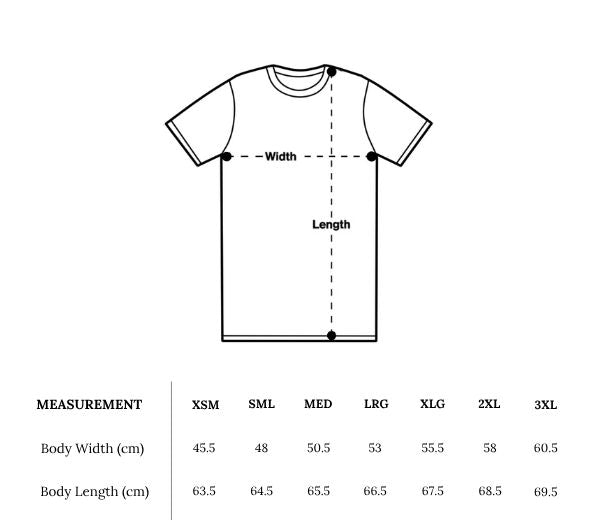 Diagram of a t-shirt with measurements for body width and length, and corresponding size chart.
