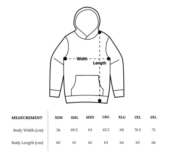 Hoodie size chart with measurements in centimeters