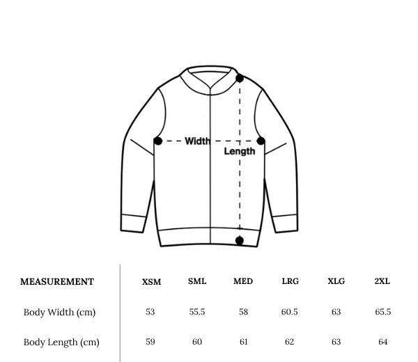 Measurement chart for a jacket with dimensions labeled and a table of measurements.