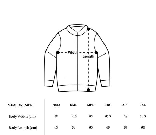 Measurement chart for a jacket with dimensions labeled and size chart below.