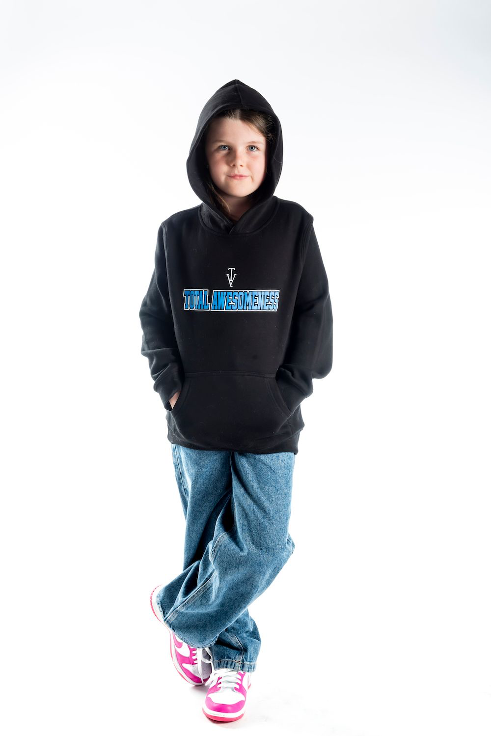 Classic black youth hoodie with white logo. Soft cotton blend, durable, preshrunk, and eco-friendly everyday wear.