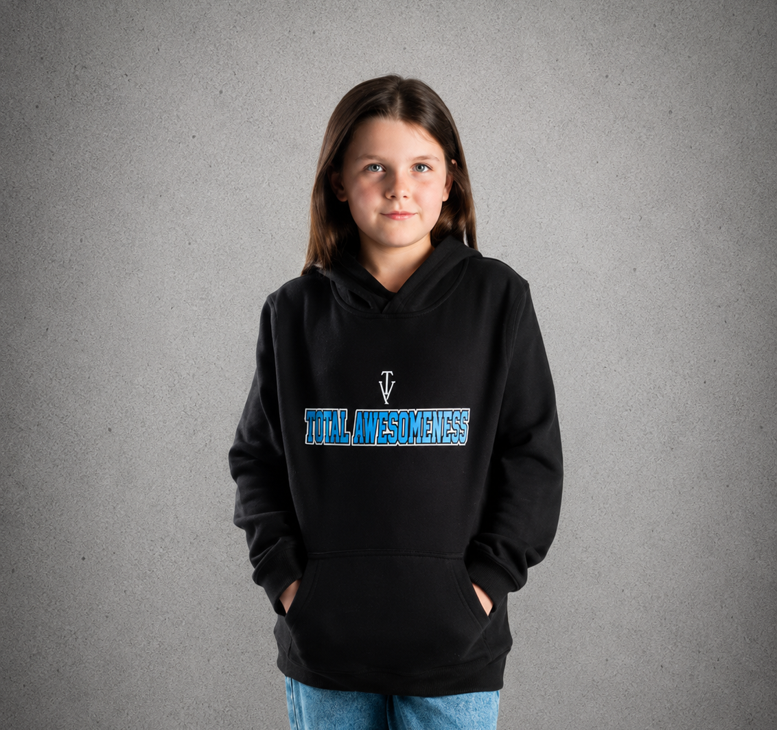 Youth Hoodie – Black - White Logo & Blue Words & White Outline