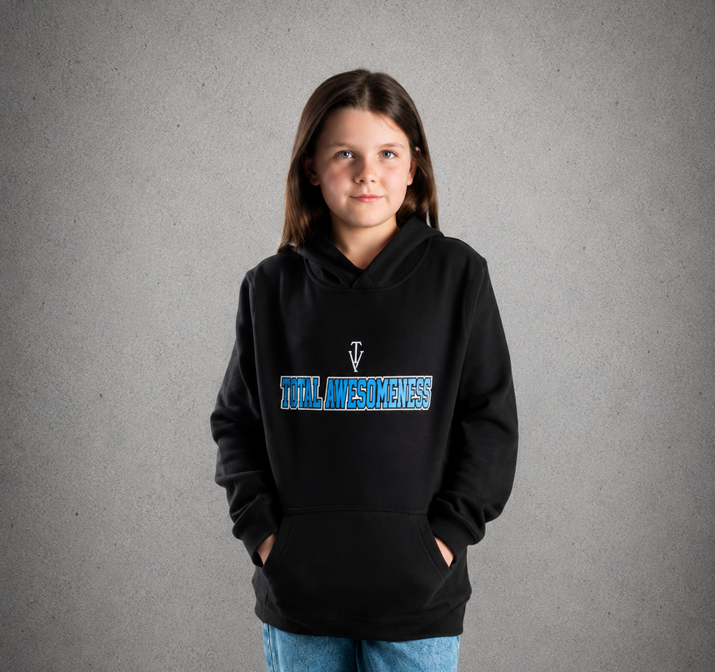 Youth Hoodie – Black - White Logo & Blue Words & White Outline