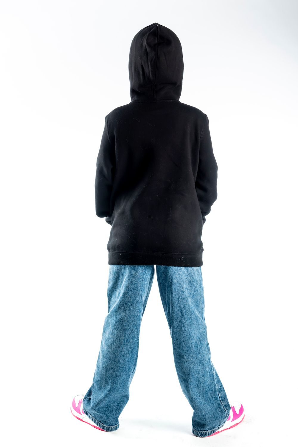 Classic black youth hoodie with white logo. Soft cotton blend, durable, preshrunk, and eco-friendly everyday wear.