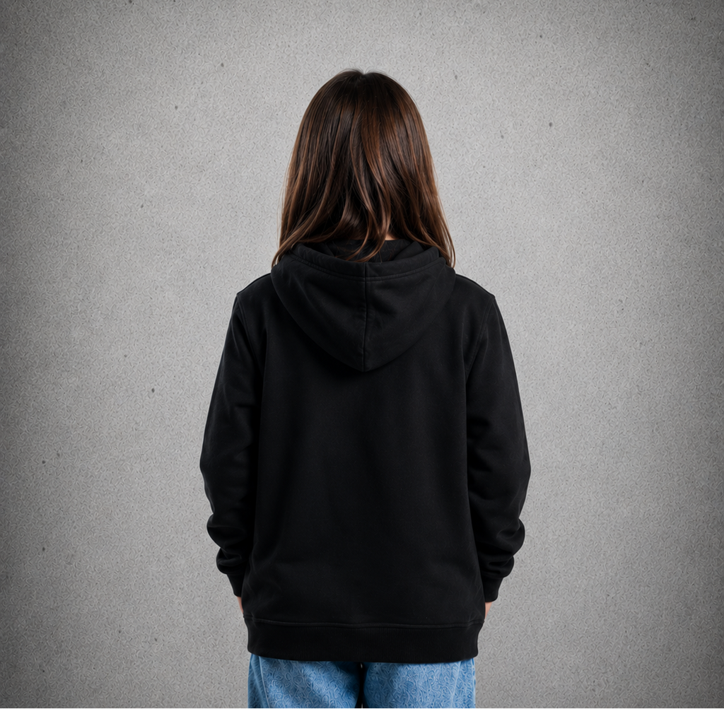 Youth Hoodie – Black - White Logo & Blue Words & White Outline