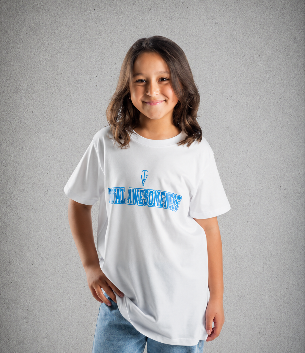 Youth Short Sleeve T-Shirt – White - Blue Logo Words & Outline & Picture
