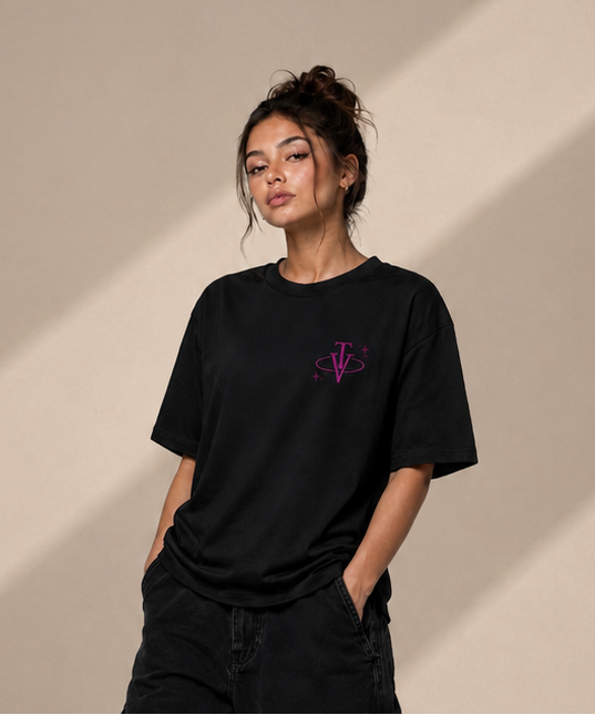 Women’s Short Sleeve T-Shirt - Black - Pink Logo and Back Picture