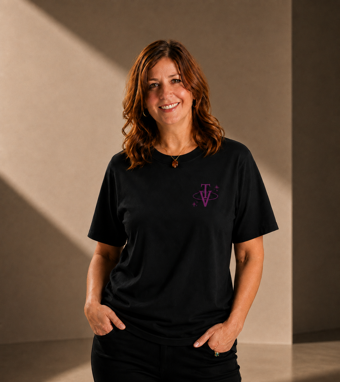 Women’s Short Sleeve T-Shirt - Black - Pink Logo and Back Picture