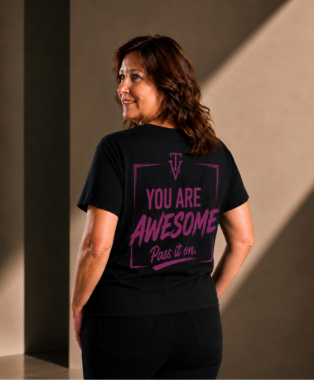 Women’s Short Sleeve T-Shirt - Black - Pink Logo and Back Picture